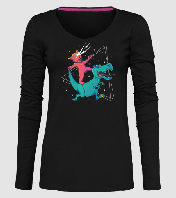 Pisică drogată pe dinozaur model negru pe tricou