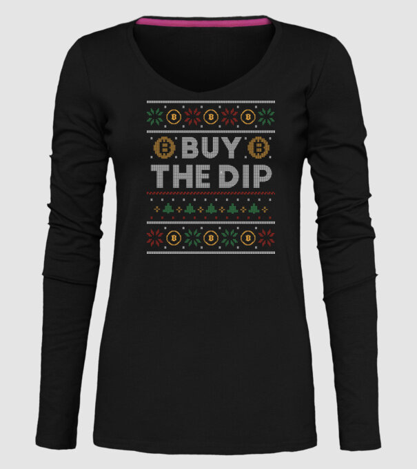 Buy the Dip Bitcoin Ugly Sweater model negru pe tricou