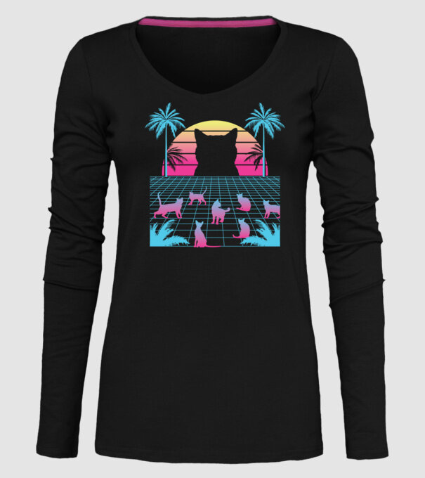 Pisică Vaporwave neon model negru pe tricou