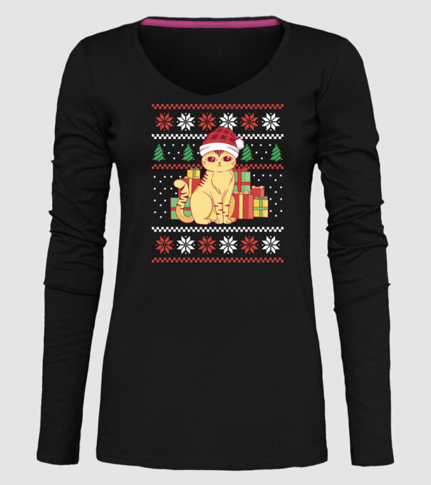 Pulover urât cu pisică model negru pe tricou