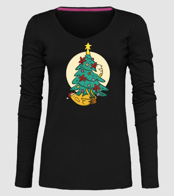 Crăciun cu pisică model negru pe tricou
