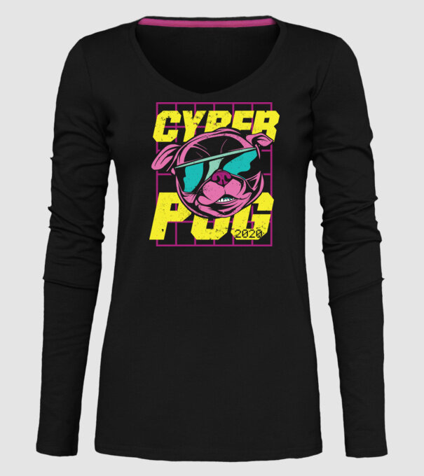 Mops Cyber Pug model negru pe tricou