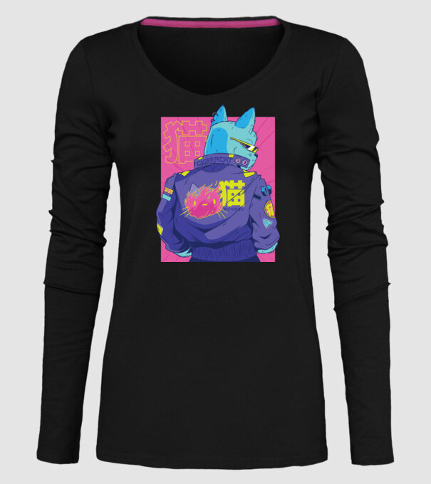 Pisică Cyberpunk model negru pe tricou
