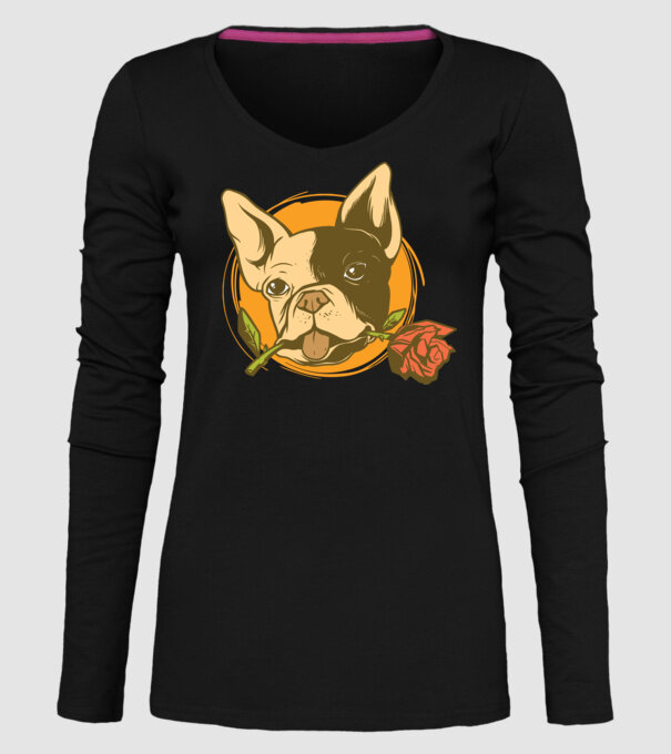 Bulldog francez cu trandafir model negru pe tricou
