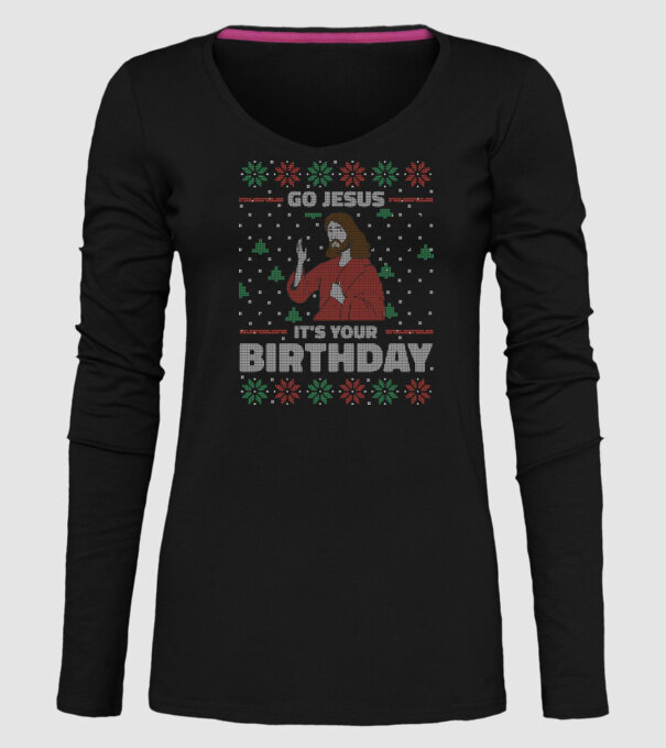 'Go Jesus, It''s Your Birthday Ugly Sweater' model negru pe tricou