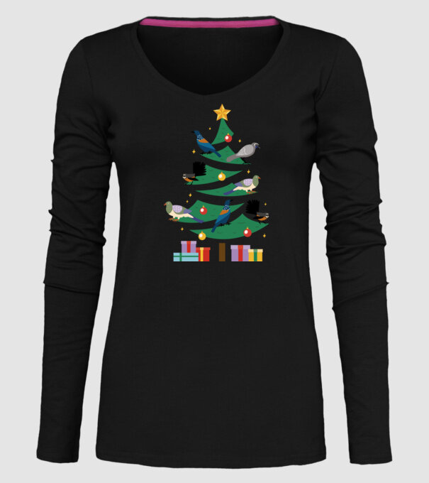 Pom de Crăciun cu păsări model negru pe tricou
