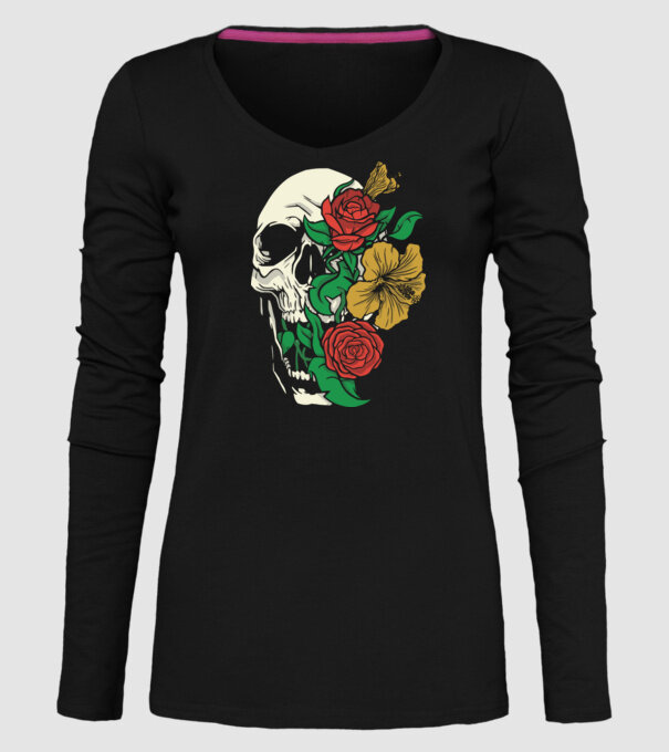 Trandafir craniu model negru pe tricou
