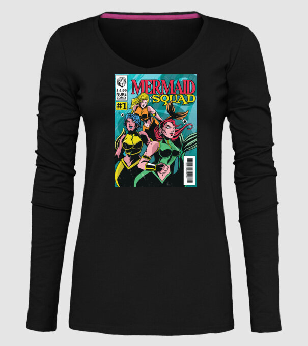 benzi desenate Mermaid Squad model negru pe tricou