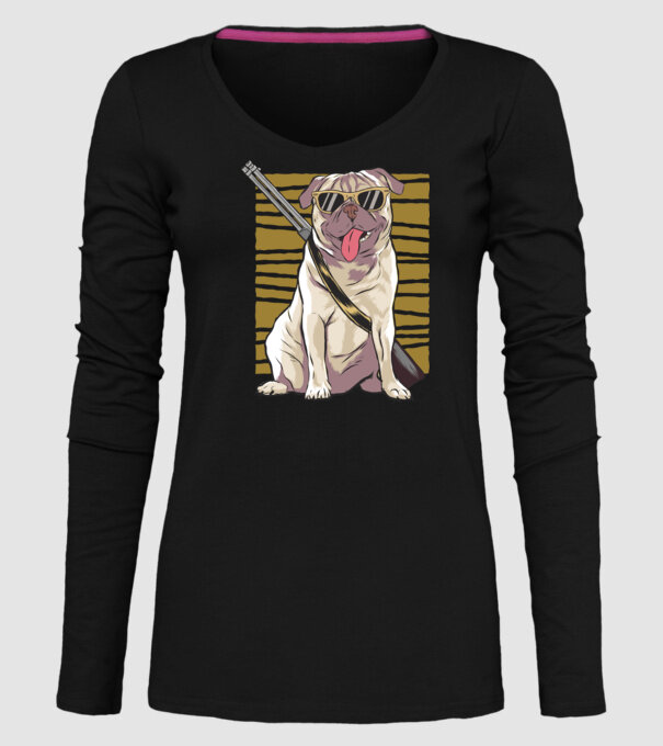 Mops cu pușcă tricou amuzant cu câine model negru pe tricou