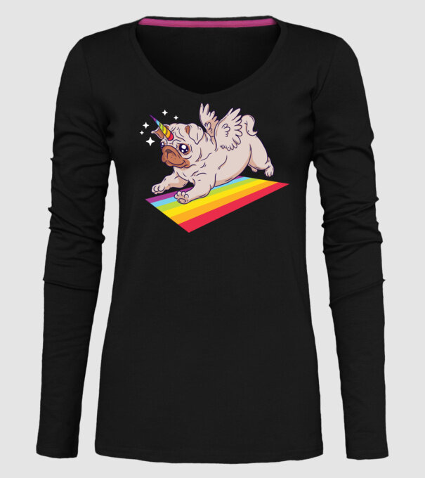 Mops unicorn model negru pe tricou