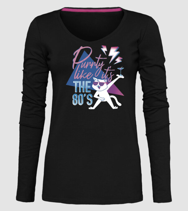 'Purrty Like it''s the 80''s' model negru pe tricou