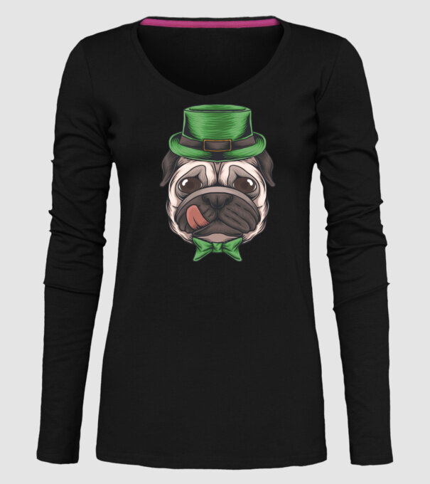 Mops Sfântul Patrick model negru pe tricou
