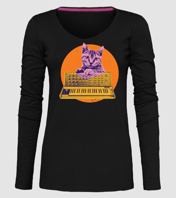 Pisică cu sintetizator model negru pe tricou