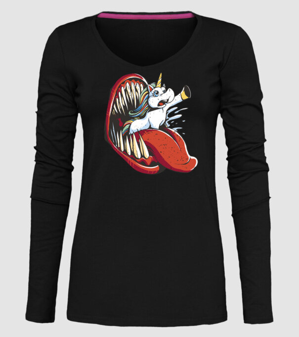 În gura monstrului Unicorn model negru pe tricou
