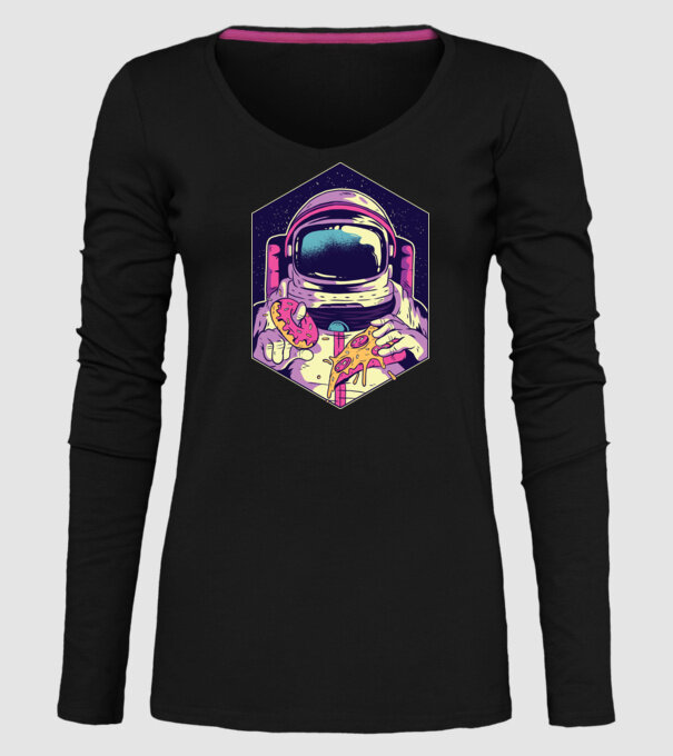 Astronaut Gogoașă și Pizza model negru pe tricou