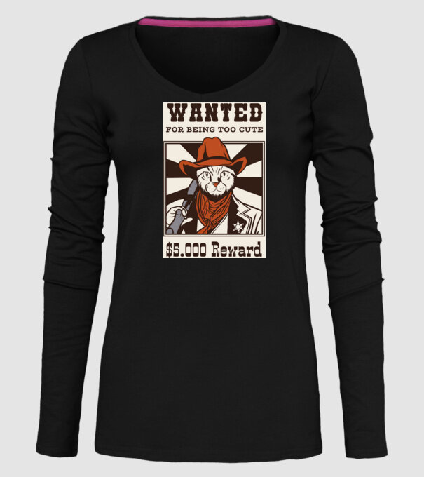 Wanted for being too cute Cowboy cu pisică model negru pe tricou