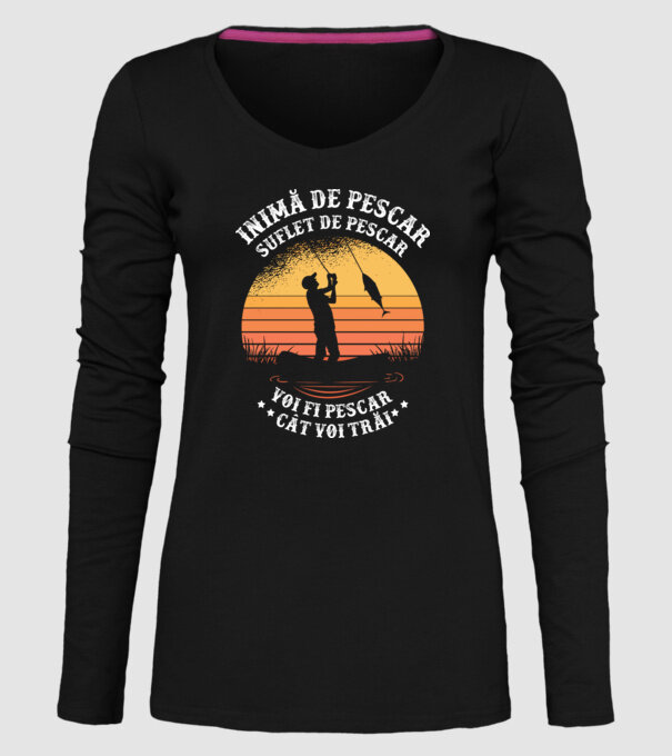 inimă de pescar, suflet de pescar, voi fi pescar cât voi trăi model negru pe tricou