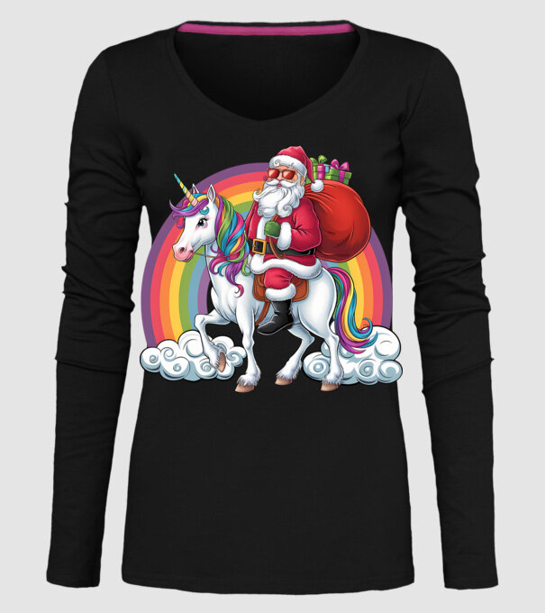 Moș Crăciun cool pe un unicorn 2 model negru pe tricou