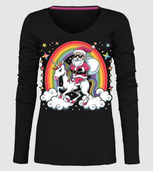 Moș Crăciun cool pe un unicorn model negru pe tricou