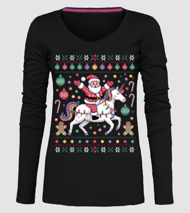 Moș Crăciun pe un pulover urât unicorn model negru pe tricou