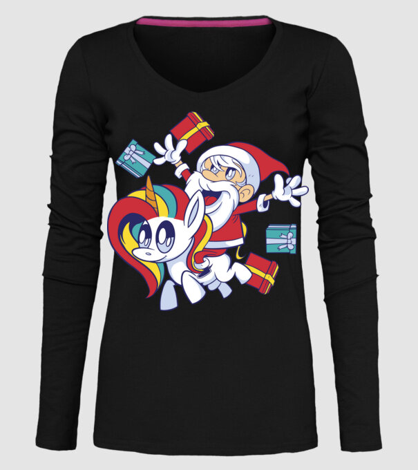 Moș Crăciun pe un unicorn model negru pe tricou