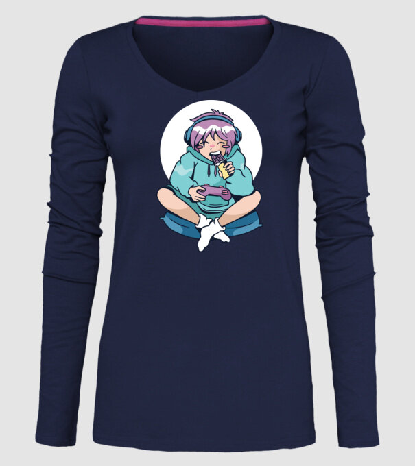 Anime Gamer Fată cu ciocolată model albastru închis pe tricou