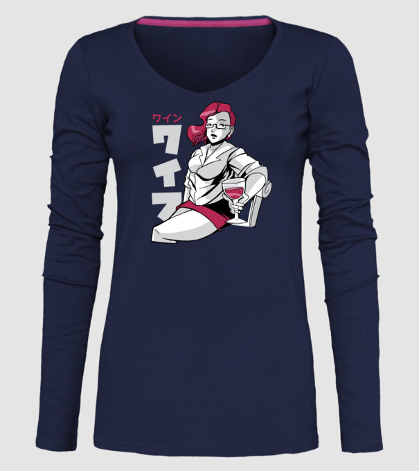 Anime fată cu vin model albastru închis pe tricou