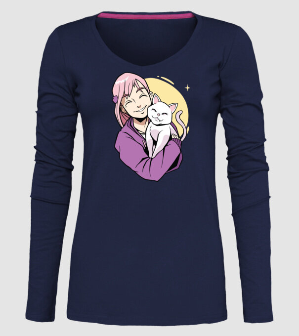 Anime fată cu pisică model albastru închis pe tricou