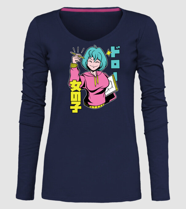 Anime fată desenând model albastru închis pe tricou