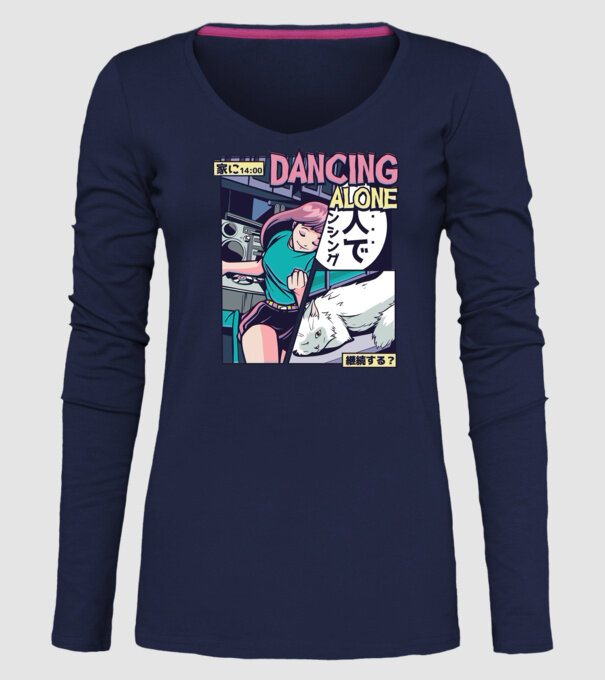 Anime Vaporwave Dancing Alone model albastru închis pe tricou
