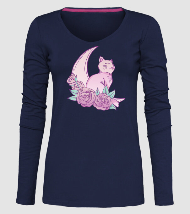 Pisică pe lună model albastru închis pe tricou