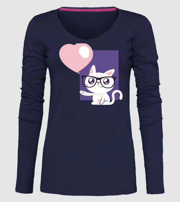 Inimă Pisică cu balon model albastru închis pe tricou