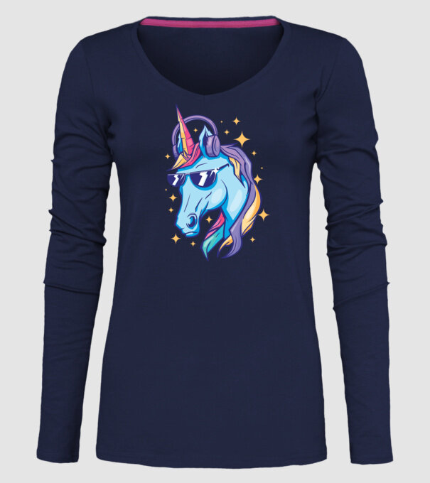 Unicorn strălucitor cu căști model albastru închis pe tricou