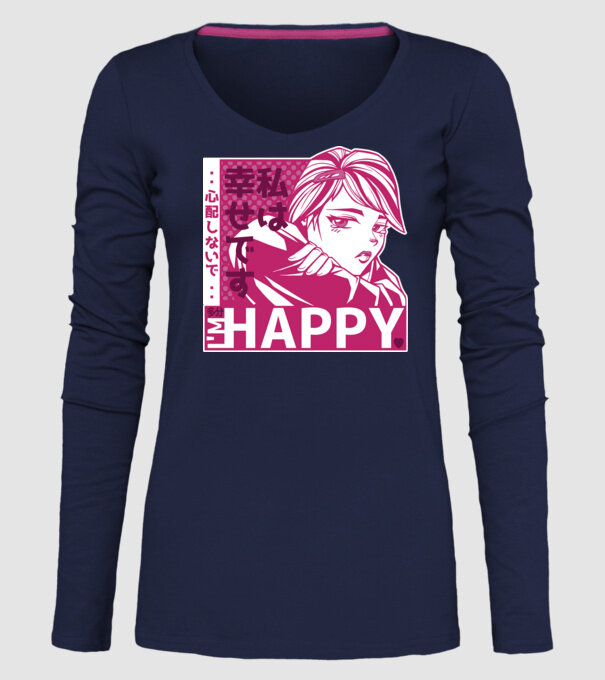 'I''m happy fată Anime antisocială' model albastru închis pe tricou