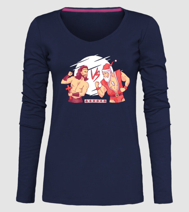 Isus vs Moș Crăciun Street Fighter tricou amuzant Crăciun model albastru închis pe tricou