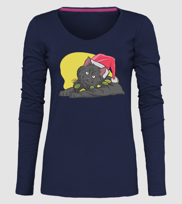 Pisică de Crăciun model albastru închis pe tricou