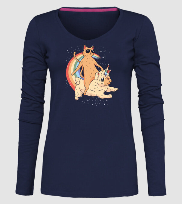 Pisică și Mops unicorn model albastru închis pe tricou
