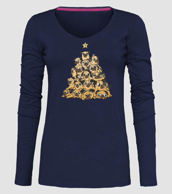 pom de Crăciun cu cățel (mops) model albastru închis pe tricou