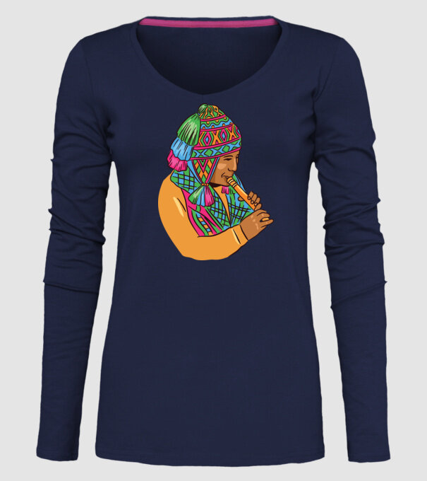 Muzician peruan indigen model albastru închis pe tricou