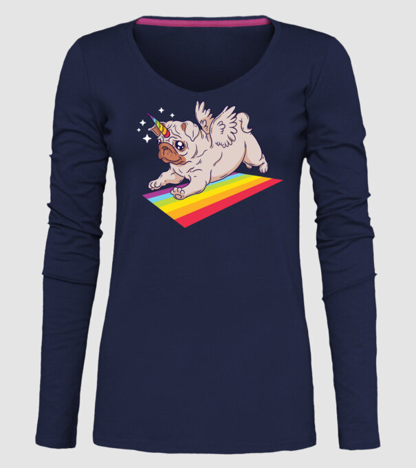 Pugicorn - mops unicorn model albastru închis pe tricou