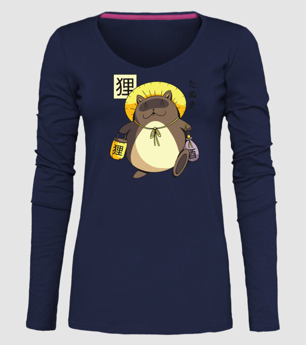 Tanuki Yokai model albastru închis pe tricou