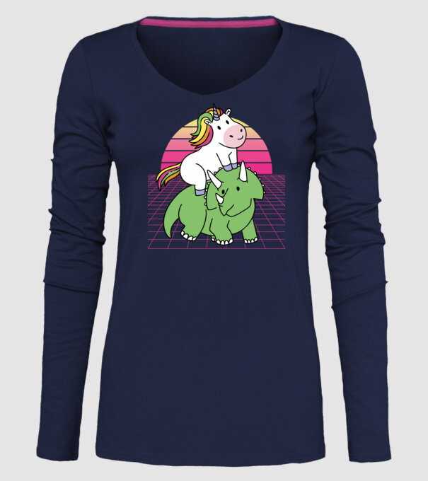 Unicorn pe dinozaur retro model albastru închis pe tricou