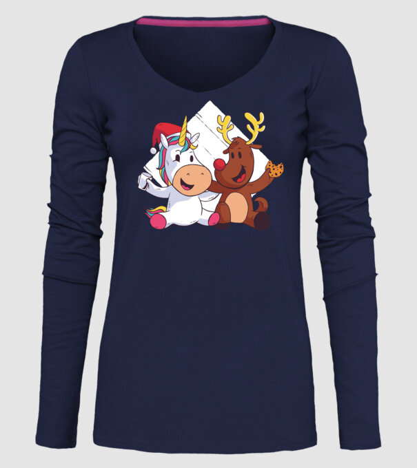 Unicorn și Ren prietenie tricou drăguț de Crăciun model albastru închis pe tricou