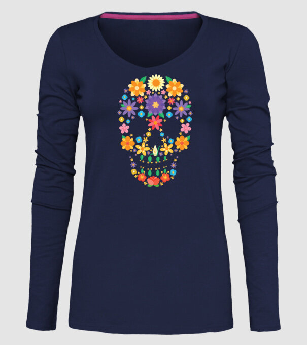 Craniu cu Flori model albastru închis pe tricou