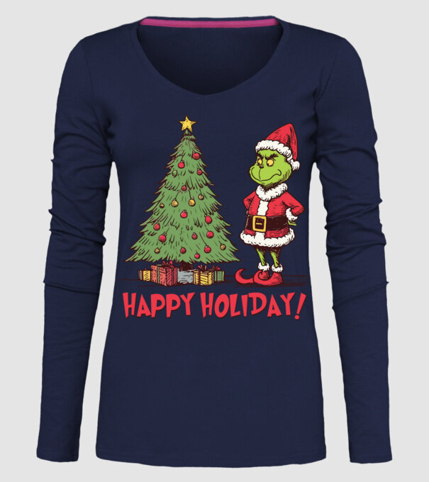 Happy Holiday Grinch model albastru închis pe tricou