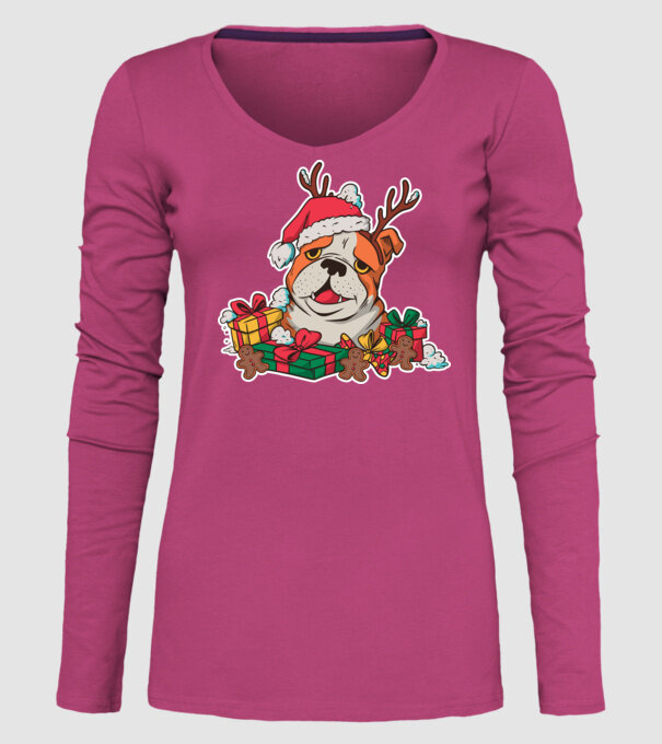Bulldog de Crăciun model roz pe tricou