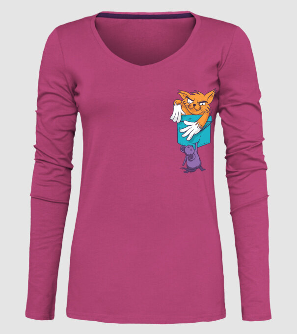 Pisică cu șoarece buzunar model roz pe tricou