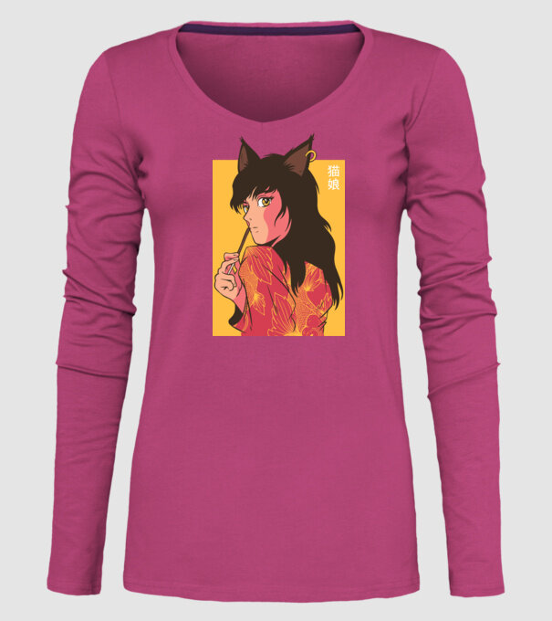 Pisică Fată Anime model roz pe tricou