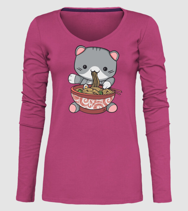 Pisică Kawaii Ramen model roz pe tricou