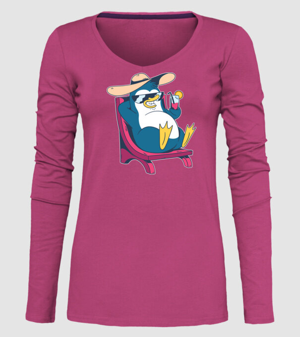 Pinguin cool stă la plajă la mare model roz pe tricou